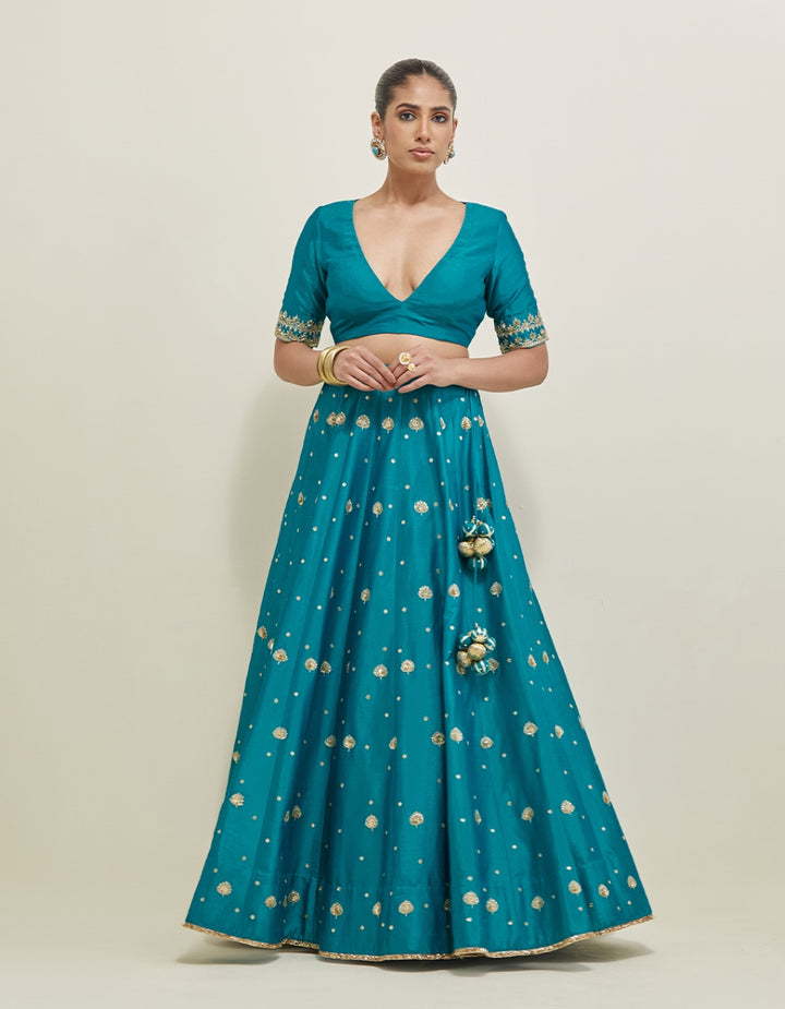 Turquoise Hand Embroidered Chanderi Lehenga Set