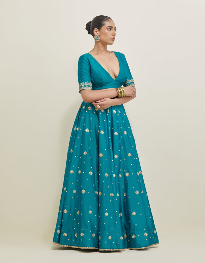 Turquoise Hand Embroidered Chanderi Lehenga Set