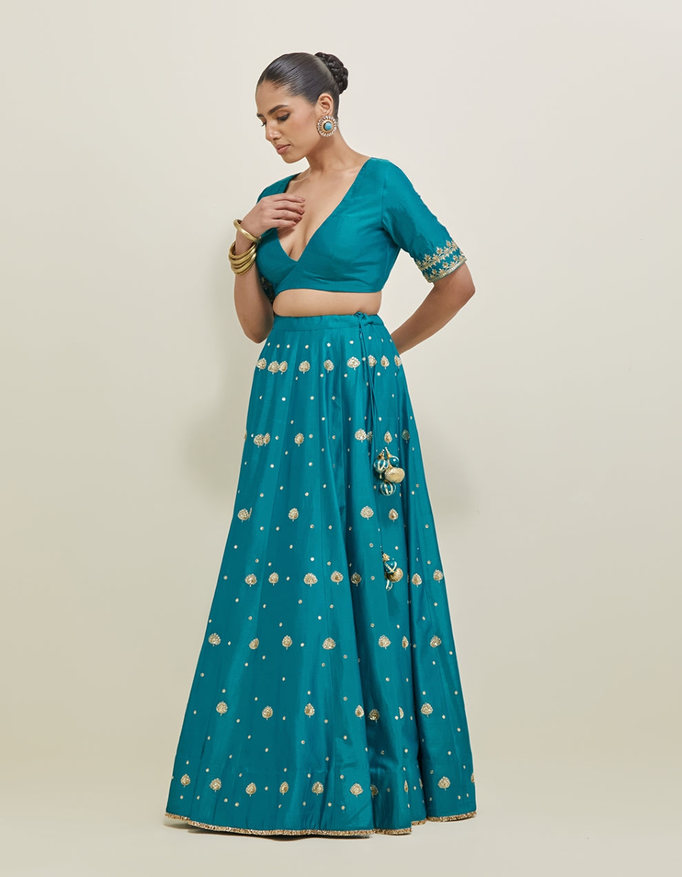 Turquoise Hand Embroidered Chanderi Lehenga Set