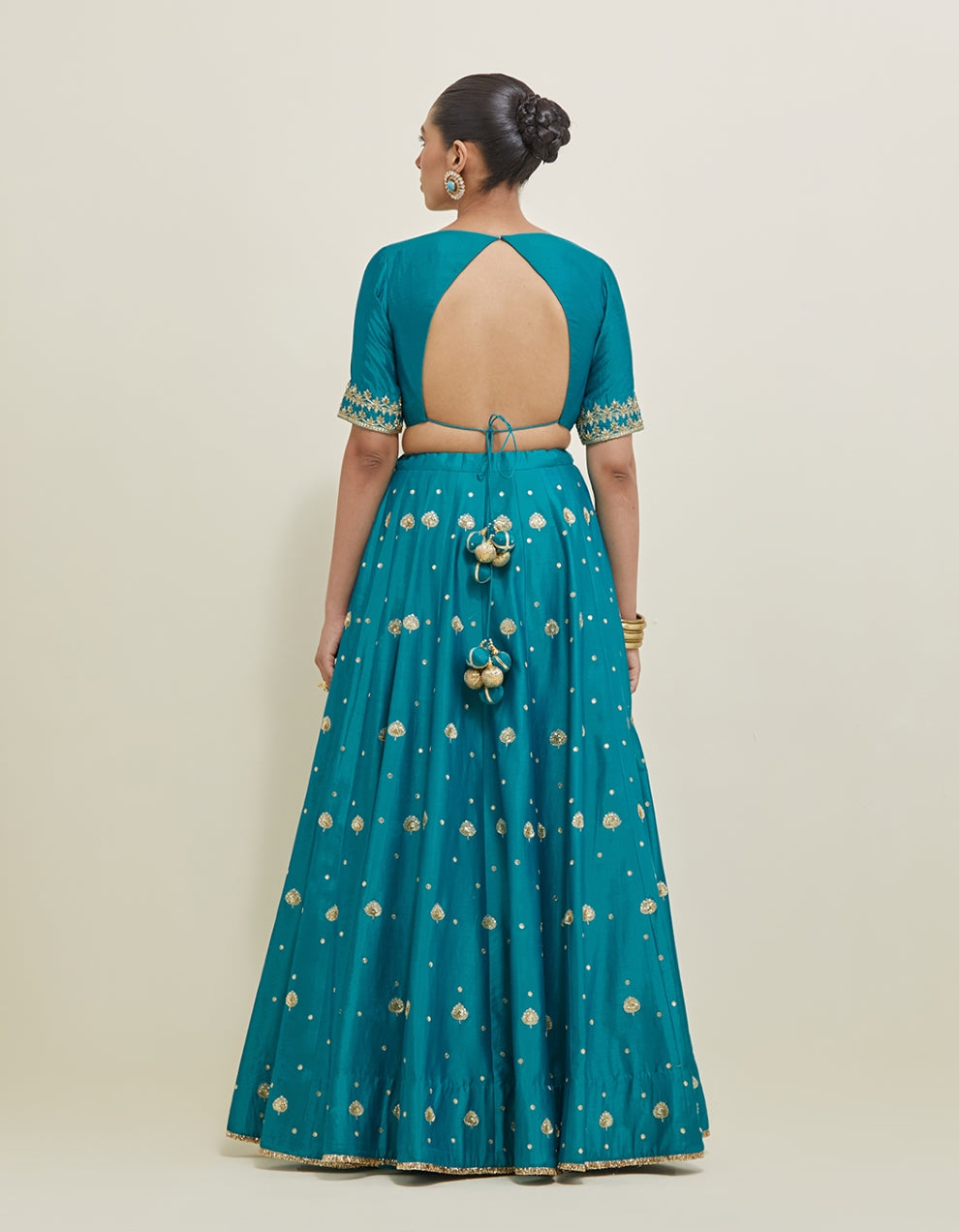 Turquoise Hand Embroidered Chanderi Lehenga Set