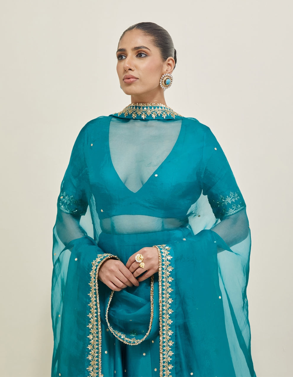 Turquoise Hand Embroidered Chanderi Lehenga Set