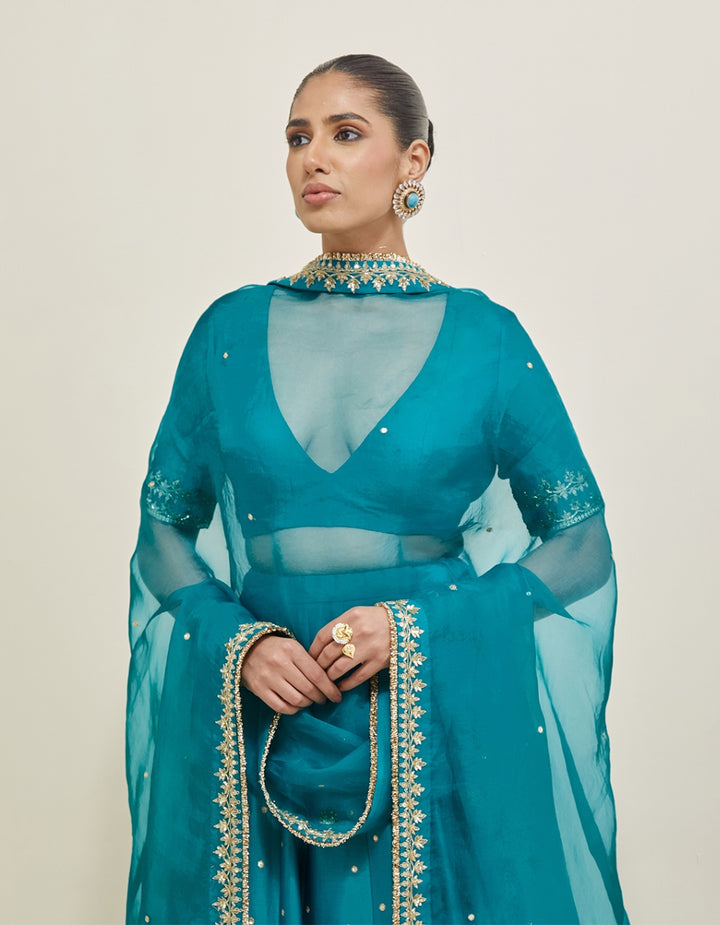 Turquoise Hand Embroidered Chanderi Lehenga Set