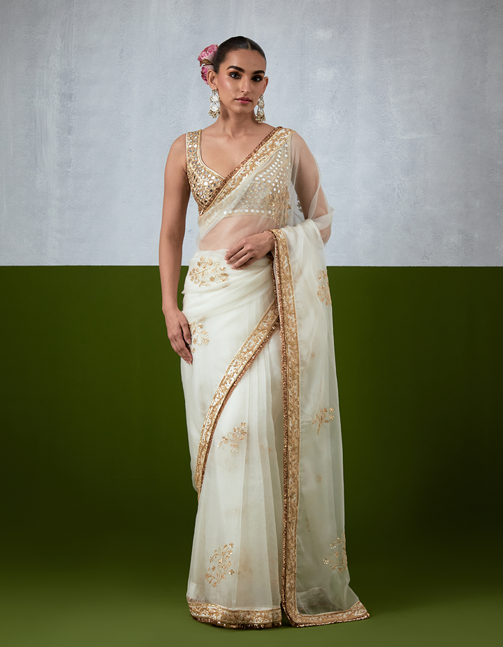 White Hand Embroidered Organza Saree Set