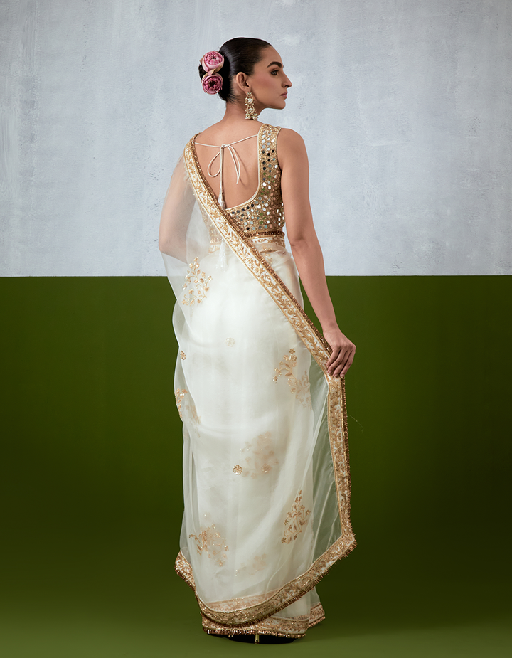 White Hand Embroidered Organza Saree Set