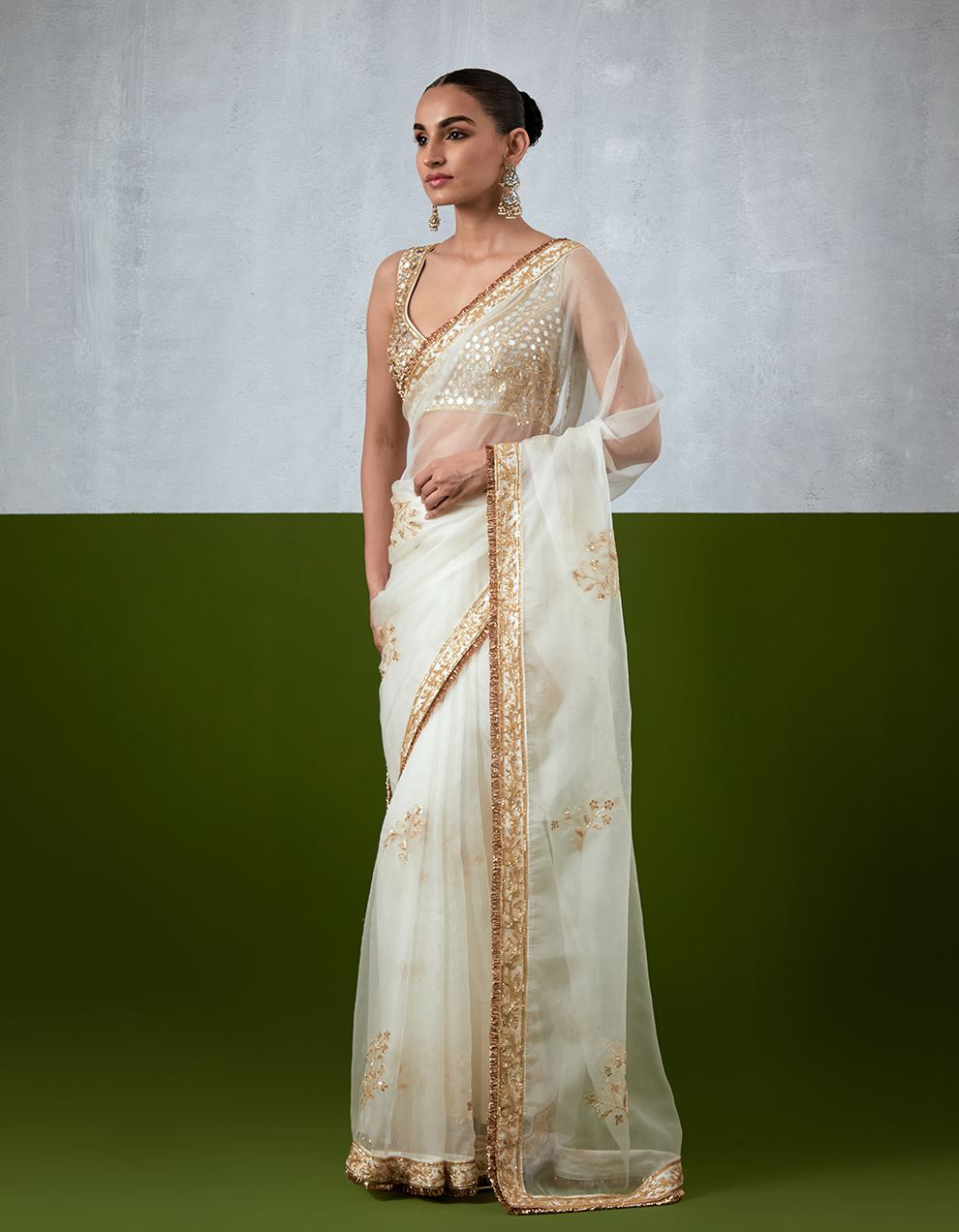 White Hand Embroidered Organza Saree Set