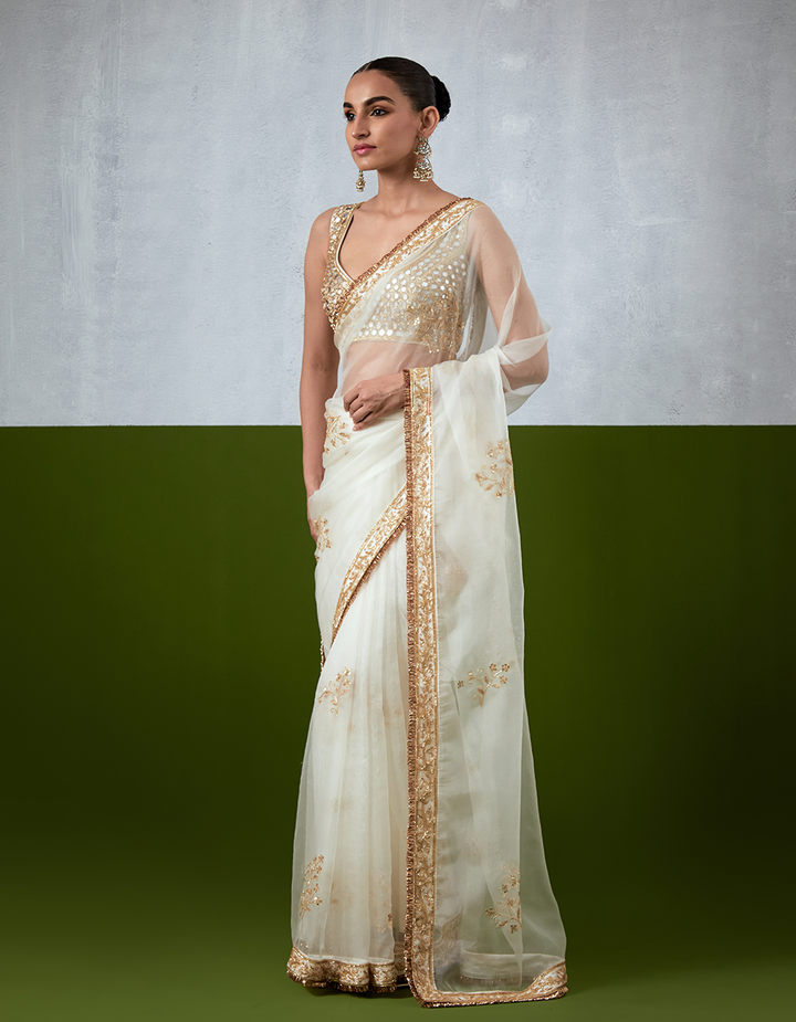 White Hand Embroidered Organza Saree Set