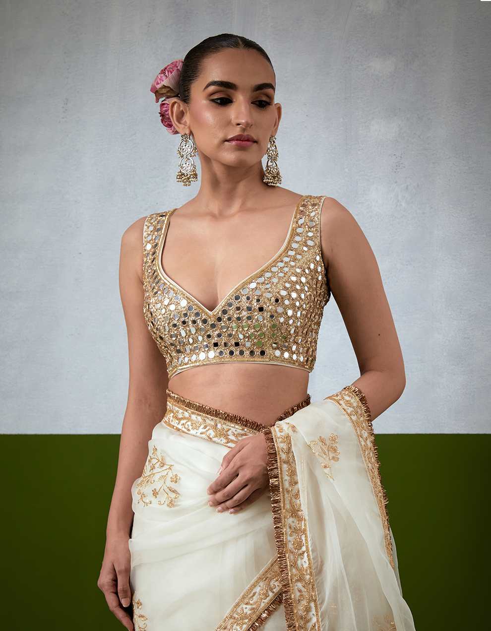 White Hand Embroidered Organza Saree Set