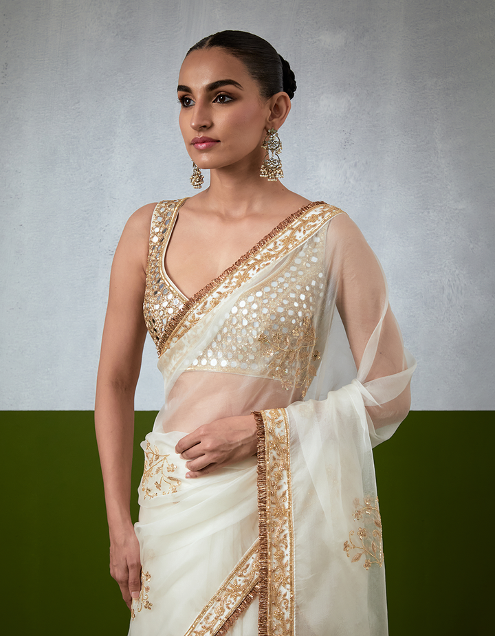 White Hand Embroidered Organza Saree Set