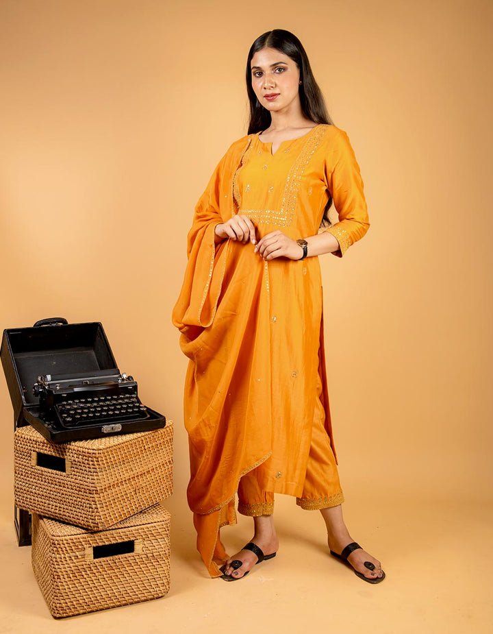 Mustard chanderi silk kurta with pants